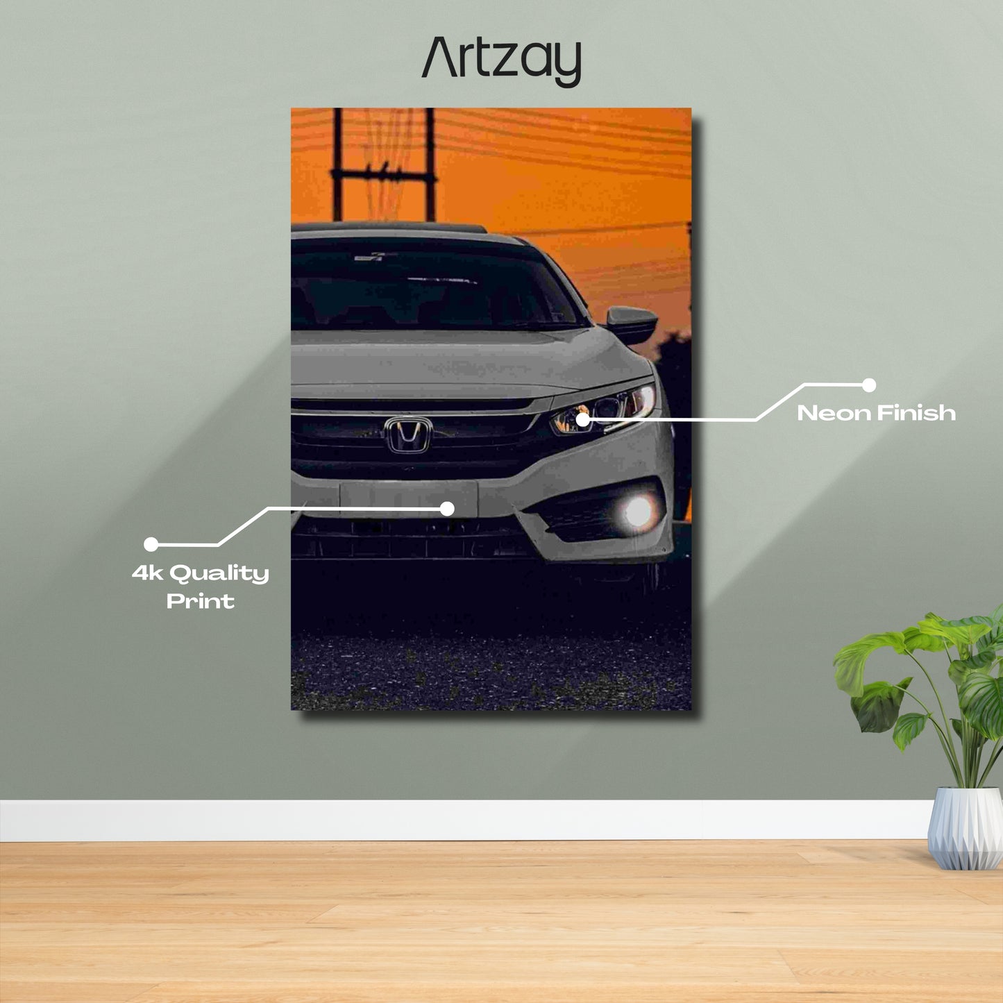 Honda Civic neon poster 4K Iconic Glow framed print – car wall decor Pakistan