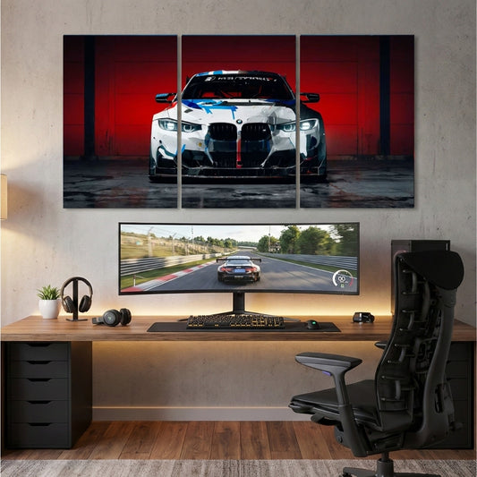 BMW M4 GT4 racing car 3-panel canvas wall frame – 4K motorsport wall art for bedroom and gaming setup Pakistan