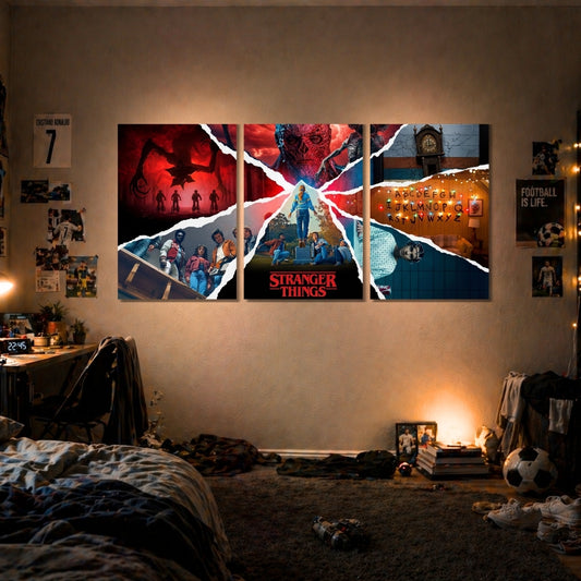 Stranger Things 3 Panel Wall Frames | Premium Netflix Series Wall Art | 4K Waterproof & Fade-Proof Bedroom Decor for Gamers, Anime & TV Show Fans