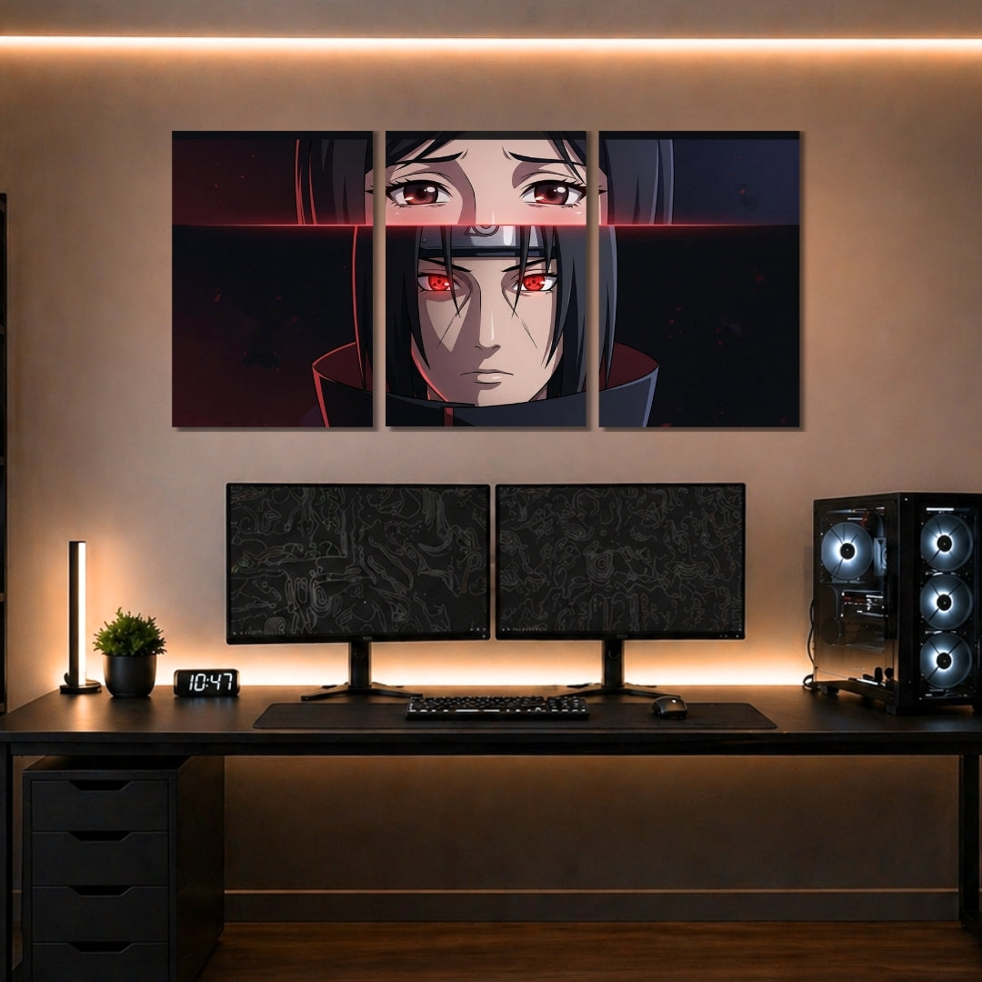 Itachi Uchiha Sharingan 3 Panel Wall Frames | Premium Naruto Anime Wall Art | 4K Waterproof & Fade-Proof Gaming Room Decor for Anime Fans