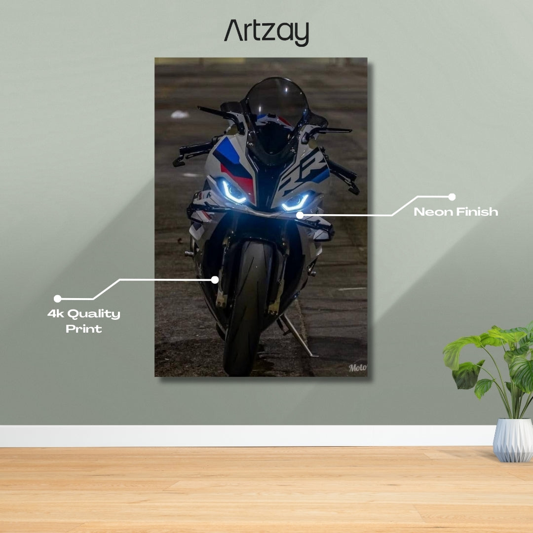 BMW S1000RR headlights superbike neon poster 4K β motorcycle wall decor Pakistan