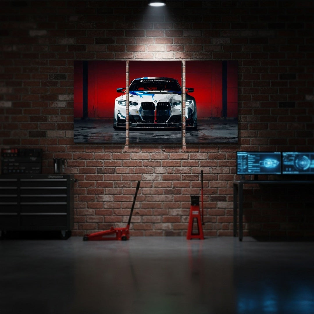BMW M4 GT4 Racing Car 3 Panel Wall Frame β Premium Multi Panel Canvas Art for Bedroom, Office & Gaming Setup