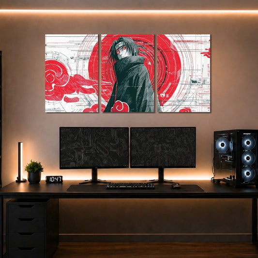Itachi Uchiha Akatsuki 3 Panel Wall Frames | Naruto Anime Wall Art | Premium 4K Waterproof & Fade-Proof Decor for Gaming Room & Bedroom