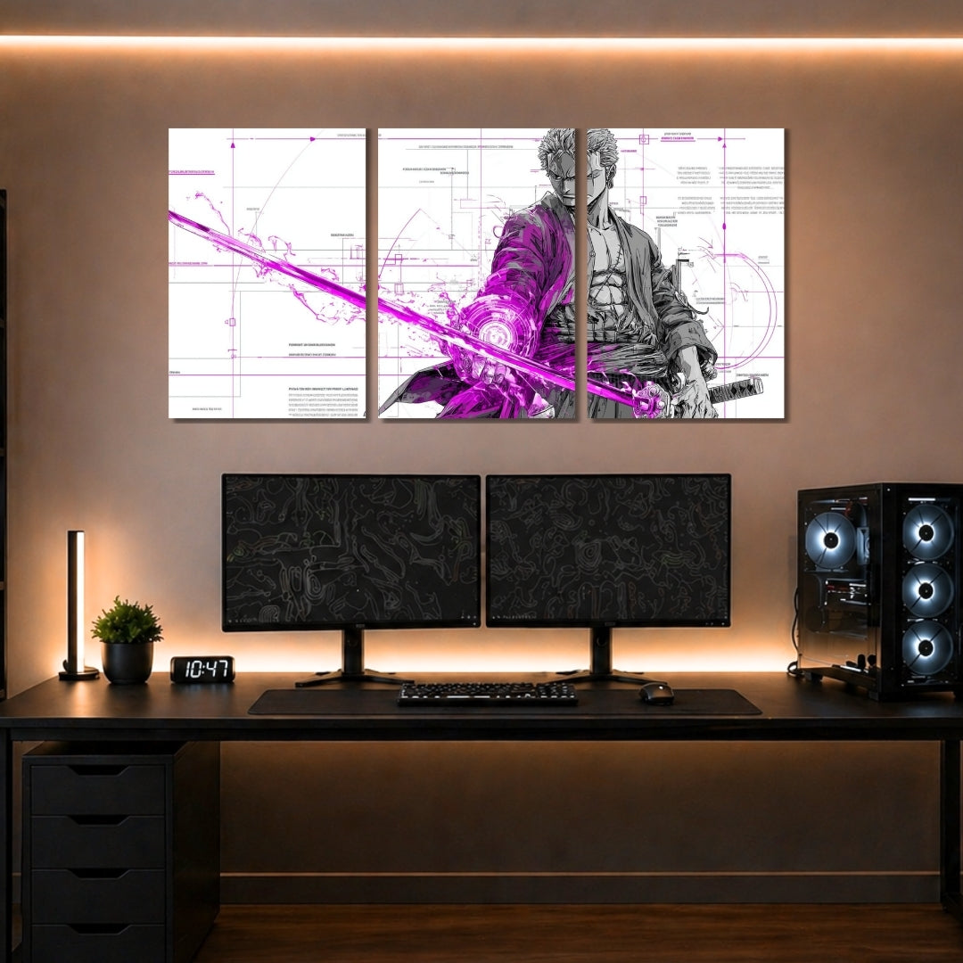 Roronoa Zoro 3 Panel Wall Frames | One Piece Anime Wall Art | Premium 4K Waterproof & Fade-Proof Decor for Gaming Room & Bedroom