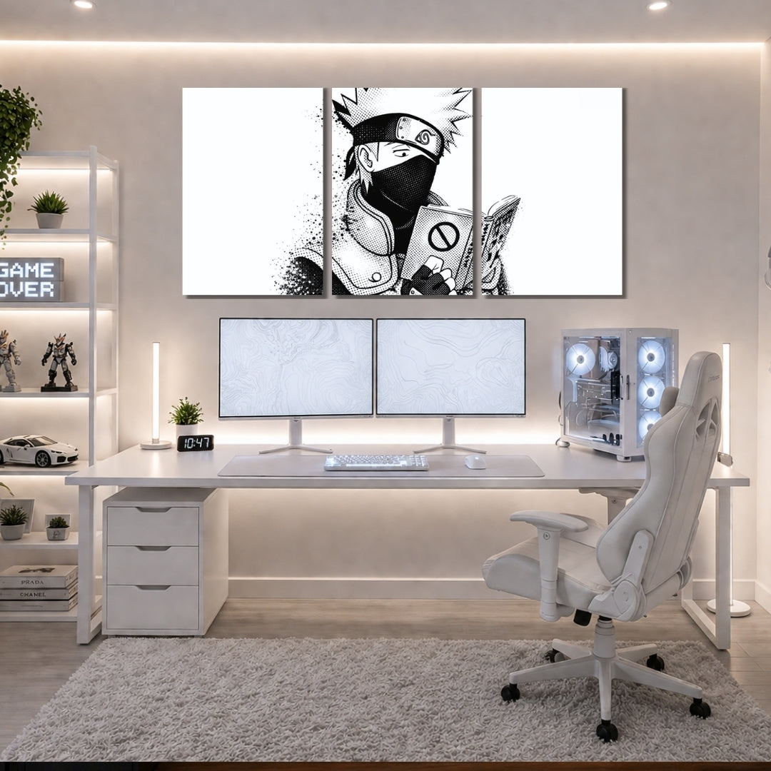 Kakashi Hatake Wall Frames | Naruto 3 Panel Wall Art | Black & White Anime Decor | Premium 4K Waterproof & Fade-Proof Wall Frames