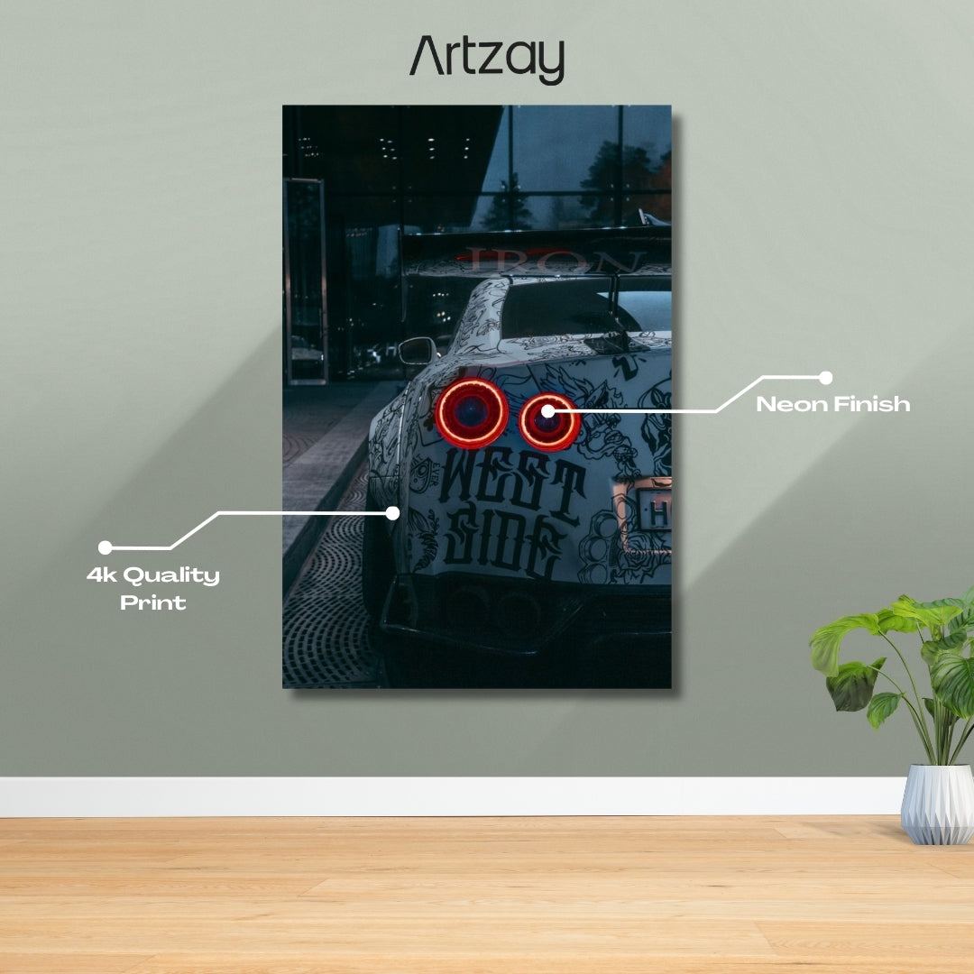 Nissan GT-R rear lights neon poster in 4K – JDM wall decor Pakistan