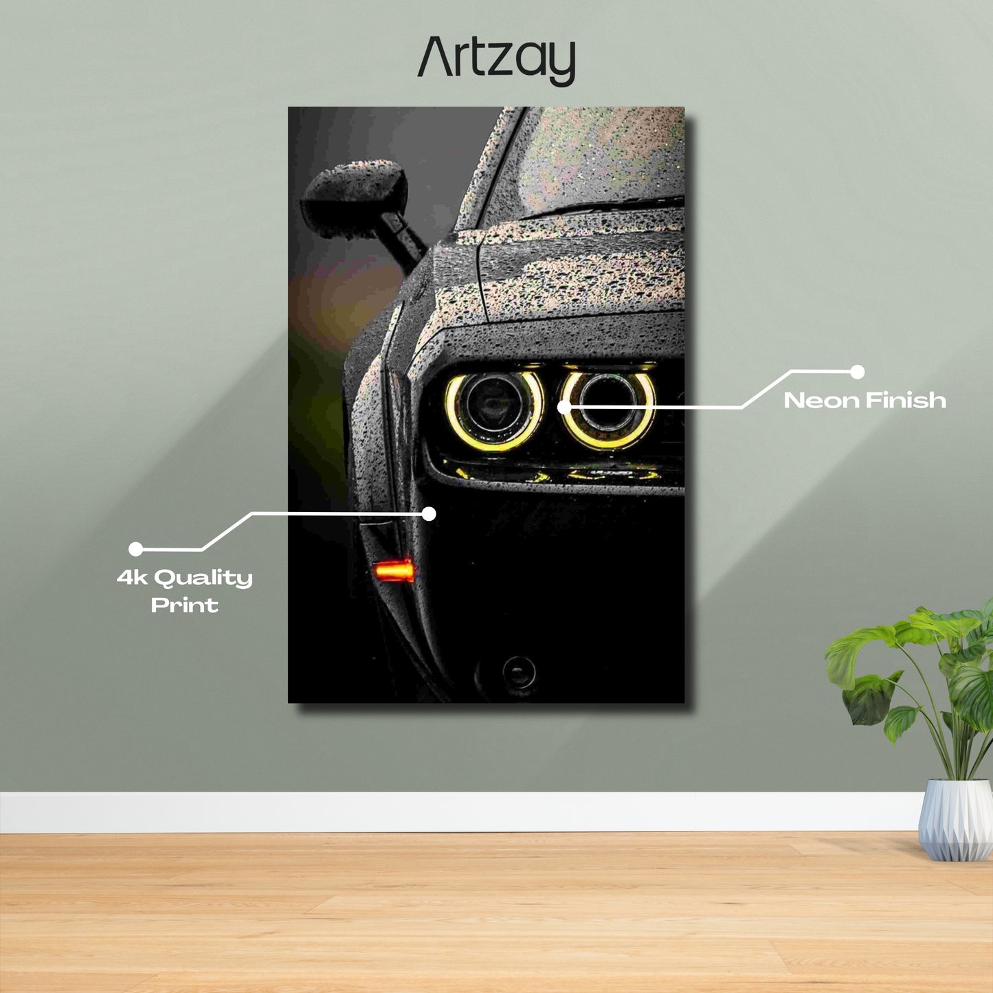 Dodge Challenger Hellcat neon poster 4K framed print – muscle car wall decor Pakistan