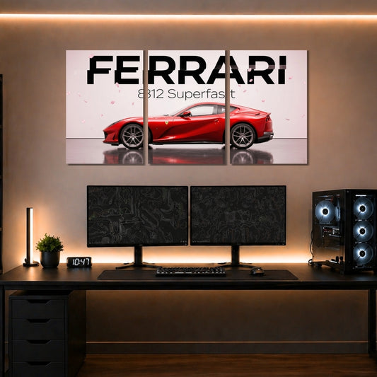 Ferrari 812 Superfast 3 Panel Wall Frames | Premium Ferrari Wall Art | 4K Waterproof & Fade-Proof Supercar Decor for Gaming Room, Office & Bedroom