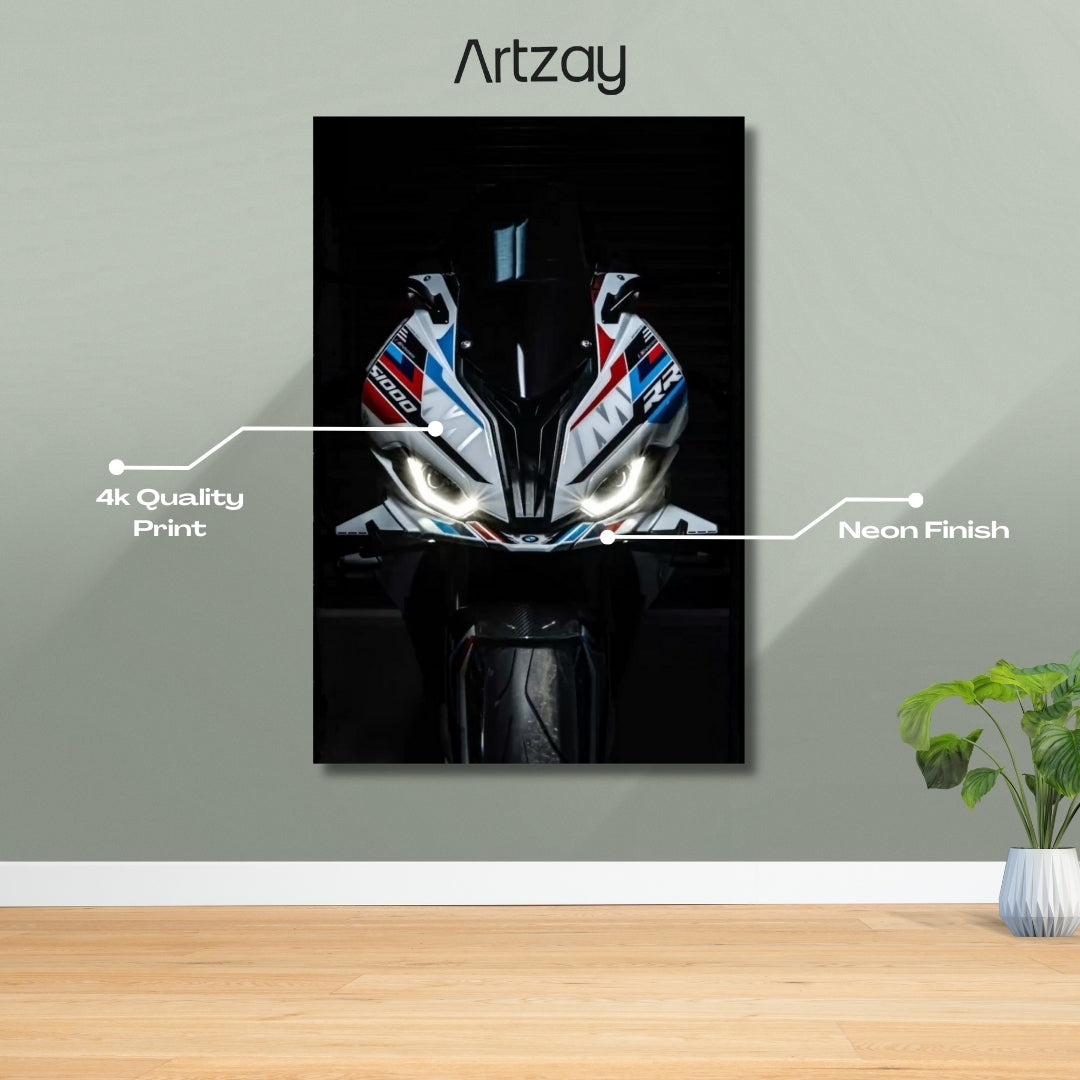 BMW S1000RR headlights superbike neon poster 4K framed print – motorcycle wall decor Pakistan
