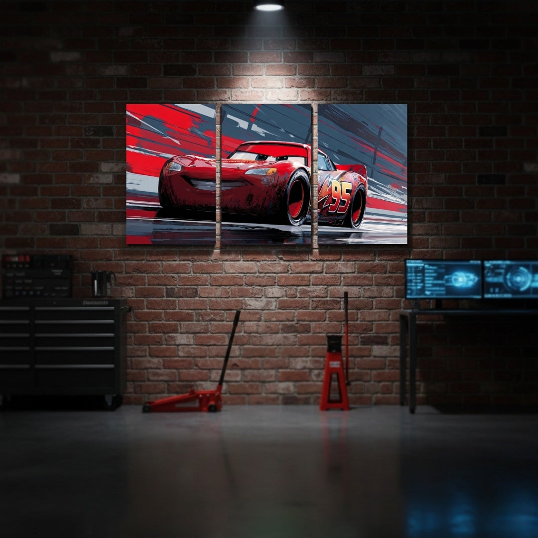 Lightning McQueen 3 Panel Wall Frames | Cars Movie Wall Art | 4K Waterproof & Fade-Proof Cartoon Car Decor for Kids Room, Gaming Room & Bedroom