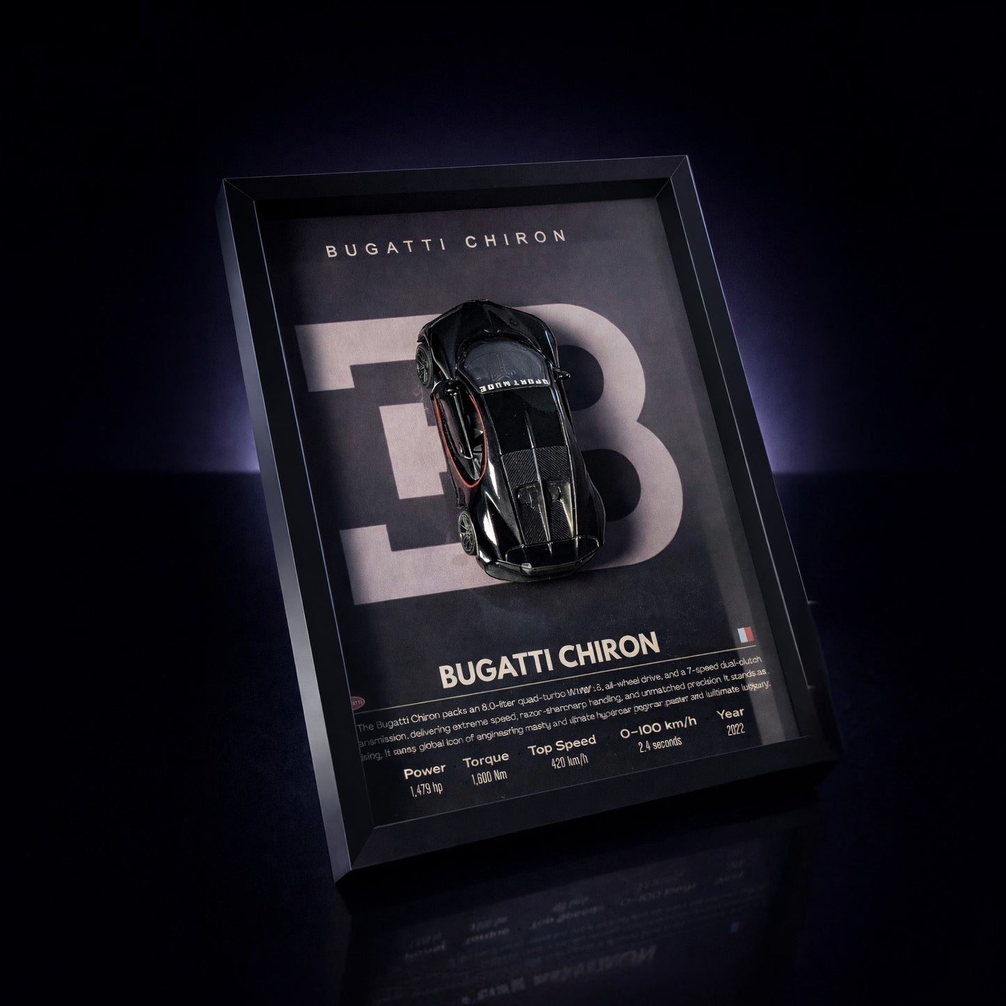 Bugatti Chiron 3D car frame with metal diecast model in glass shadow box – luxury car wall art Pakistan