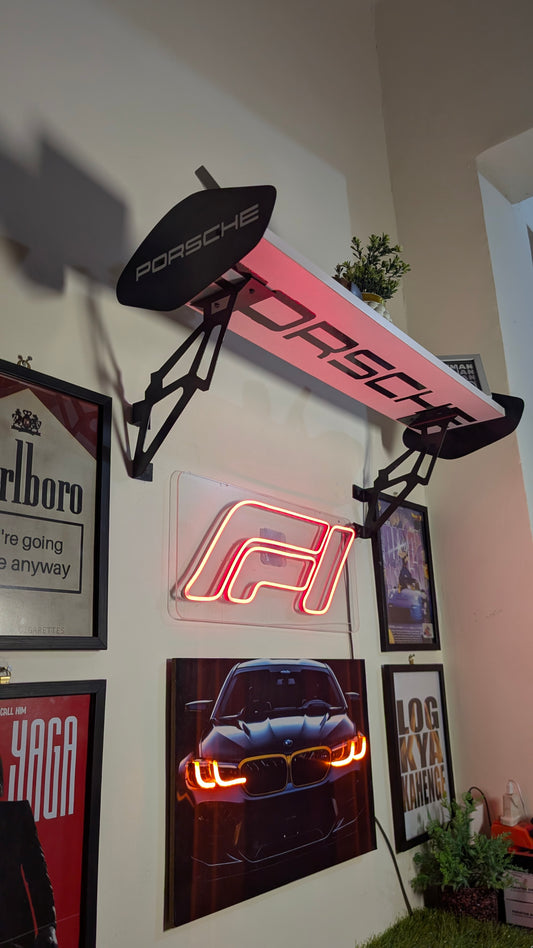 Porsche GT Spoiler Shelf Wall Mount, LED Racing Shelf for Garage, Gaming Room & Car Enthusiasts