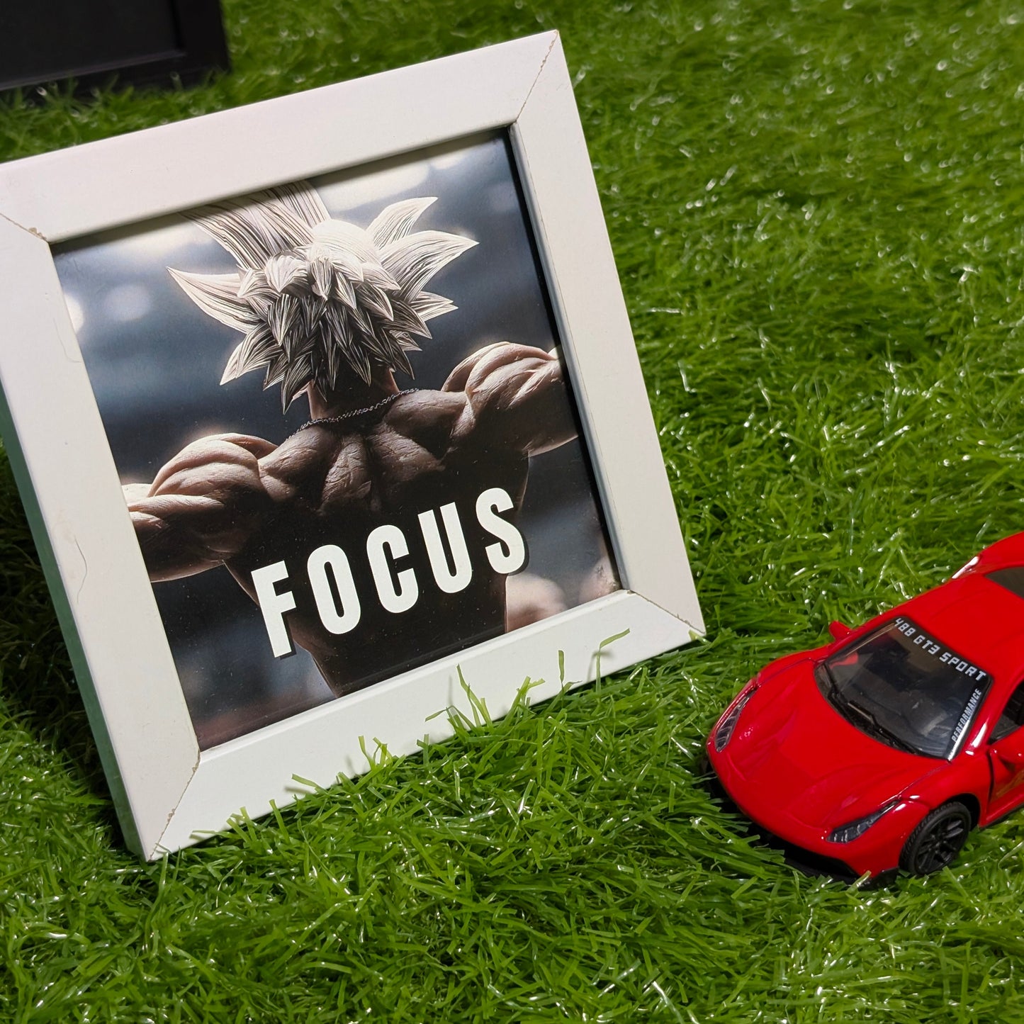 Goku FOCUS Motivational Collectible Mini Frame | Dragon Ball Anime Gym Wall art with White Glass Frame | Desk & Wall Decor for Fitness & Anime Fans