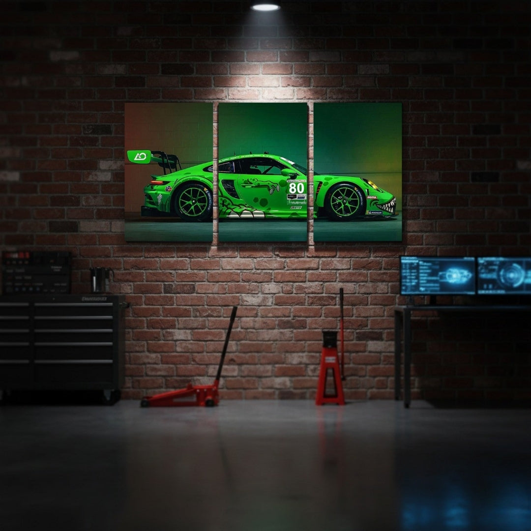 Green Porsche 911 3 Panel Wall Frames | Luxury Sports Car Wall Art | 4K Waterproof & Fade-Proof Automotive Decor for Gaming Room, Office & Bedroom
