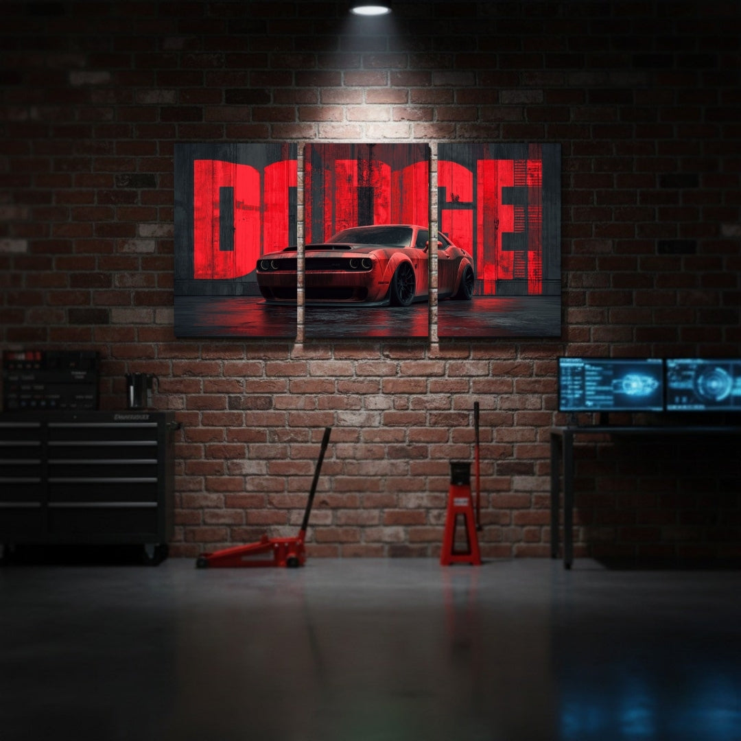 Dodge Challenger SRT Hellcat 3 Panel Wall Frame – Premium Muscle Car Canvas Art for Bedroom, Office & Gaming Room Decor
