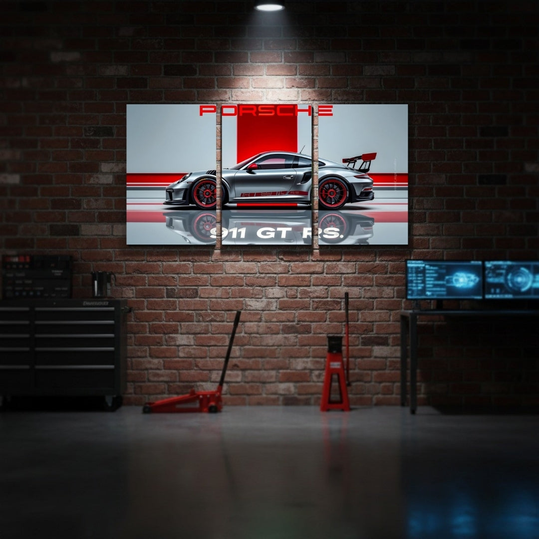 Porsche 911 GT RS 3 Panel Wall Frames | Luxury Sports Car Wall Art | 4K Waterproof & Fade-Proof Automotive Decor for Gaming Room, Office & Bedroom