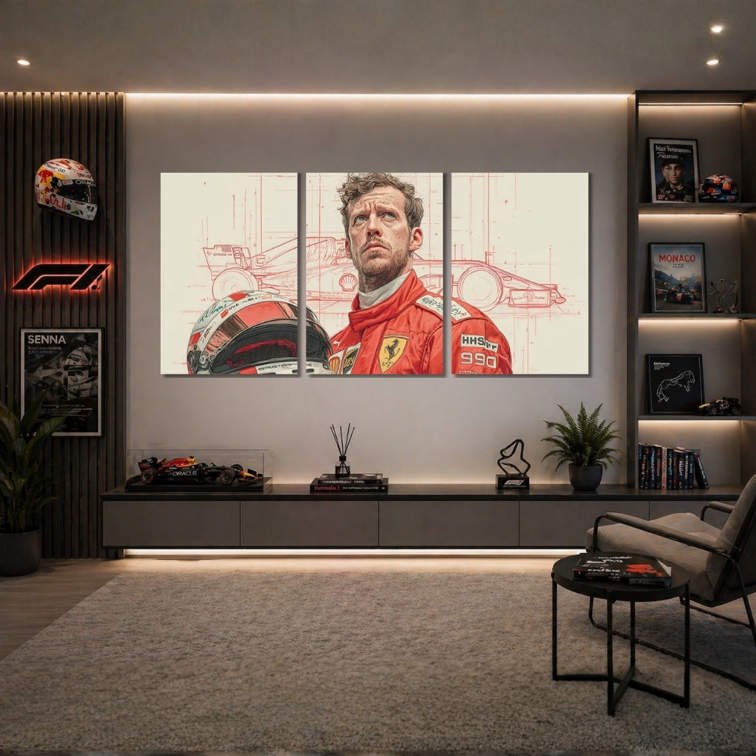 Sebastian Vettel Ferrari F1 3 Pa nel Wall Frames | Premium Formula 1 Racing Wall Art | 4K Waterproof & Fade-Proof Motorsport Decor for Gaming Room, Office & Bedroom