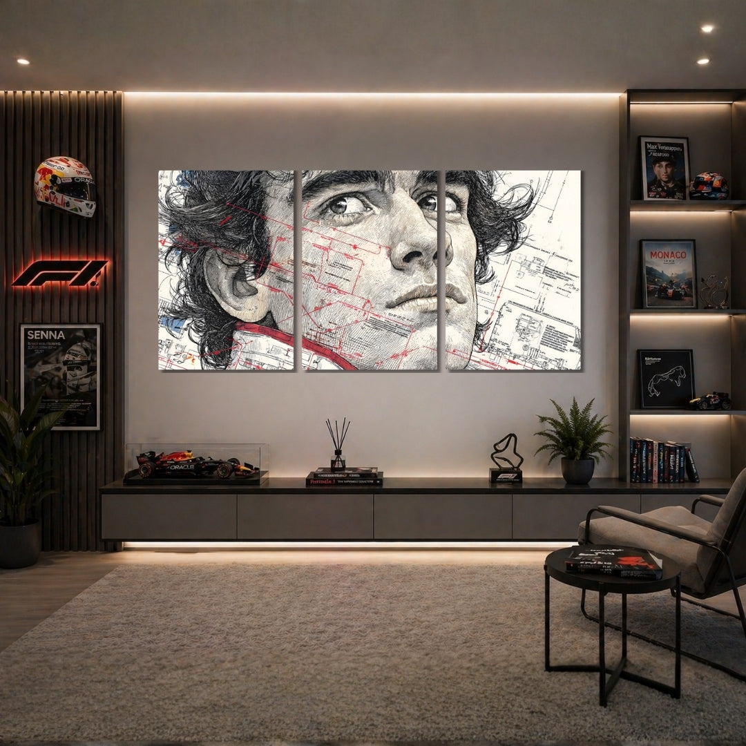 Ayrton Senna Blueprint Portrait 3 Panel Wall Frames | Formula 1 Legend Wall Art | 4K Waterproof & Fade-Proof Motorsport Decor for Gaming Room, Office & Bedroom