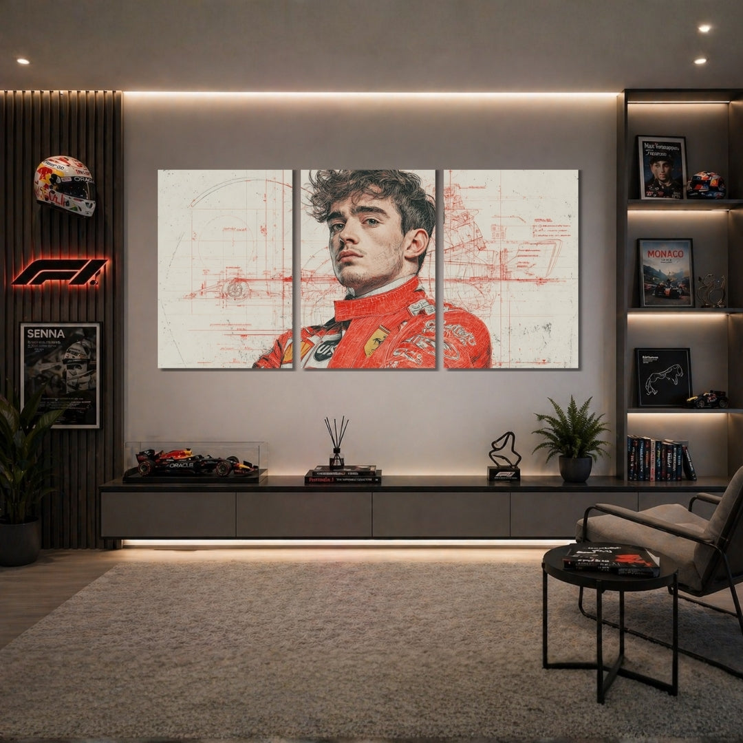 Charles Leclerc Ferrari F1 3 Panel Wall Frames | Premium Formula 1 Racing Wall Art | 4K Waterproof & Fade-Proof Motorsport Decor for Gaming Room, Office & Bedroom