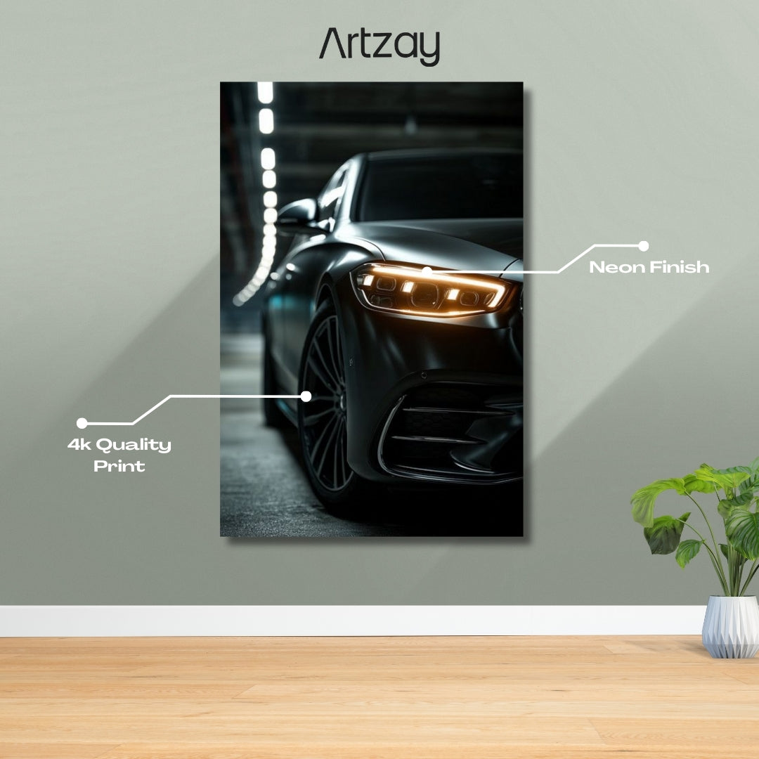 Mercedes-Benz headlights neon poster in 4K – Mercedes wall decor Pakistan