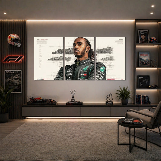 Lewis Hamilton Mercedes AMG Petronas F1 3 Panel Wall Frames | Premium Formula 1 Champion Wall Art | 4K Waterproof & Fade-Proof Motorsport Decor for Gaming Room, Office & Bedroom