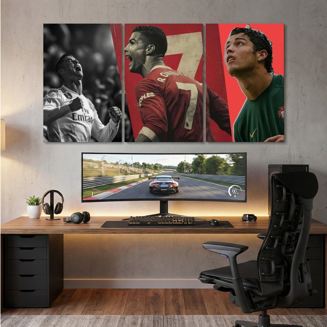Cristiano Ronaldo 3 Panel Wall Art | CR7 Football Wall Frame 12x18 | Portugal Legend Ronaldo Poster | 4K Waterproof Print | Sports Wall Decor Pakistan