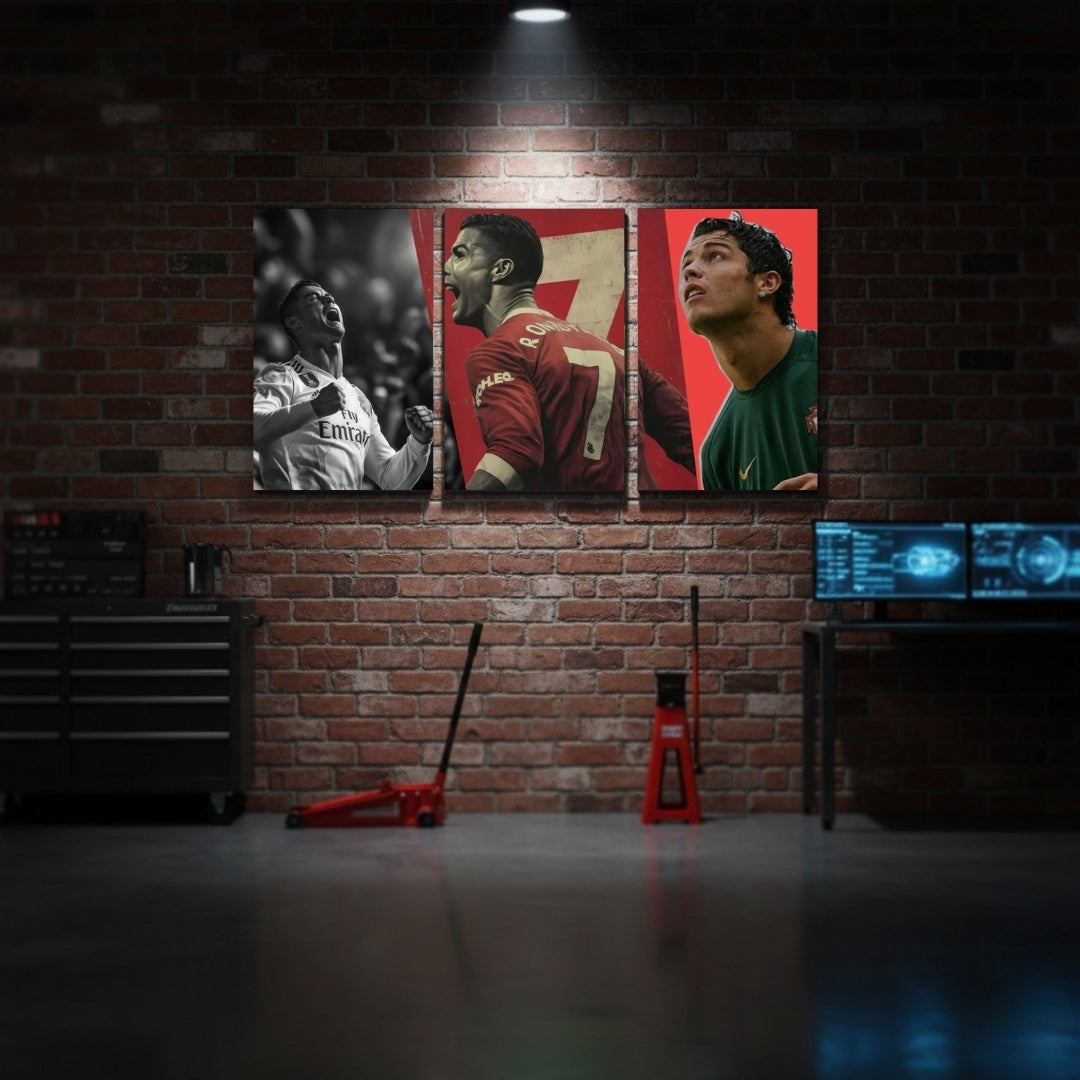 Cristiano Ronaldo 3 Panel Wall Art | CR7 Football Wall Frame 12x18 | Portugal Legend Ronaldo Poster | 4K Waterproof Print | Sports Wall Decor Pakistan