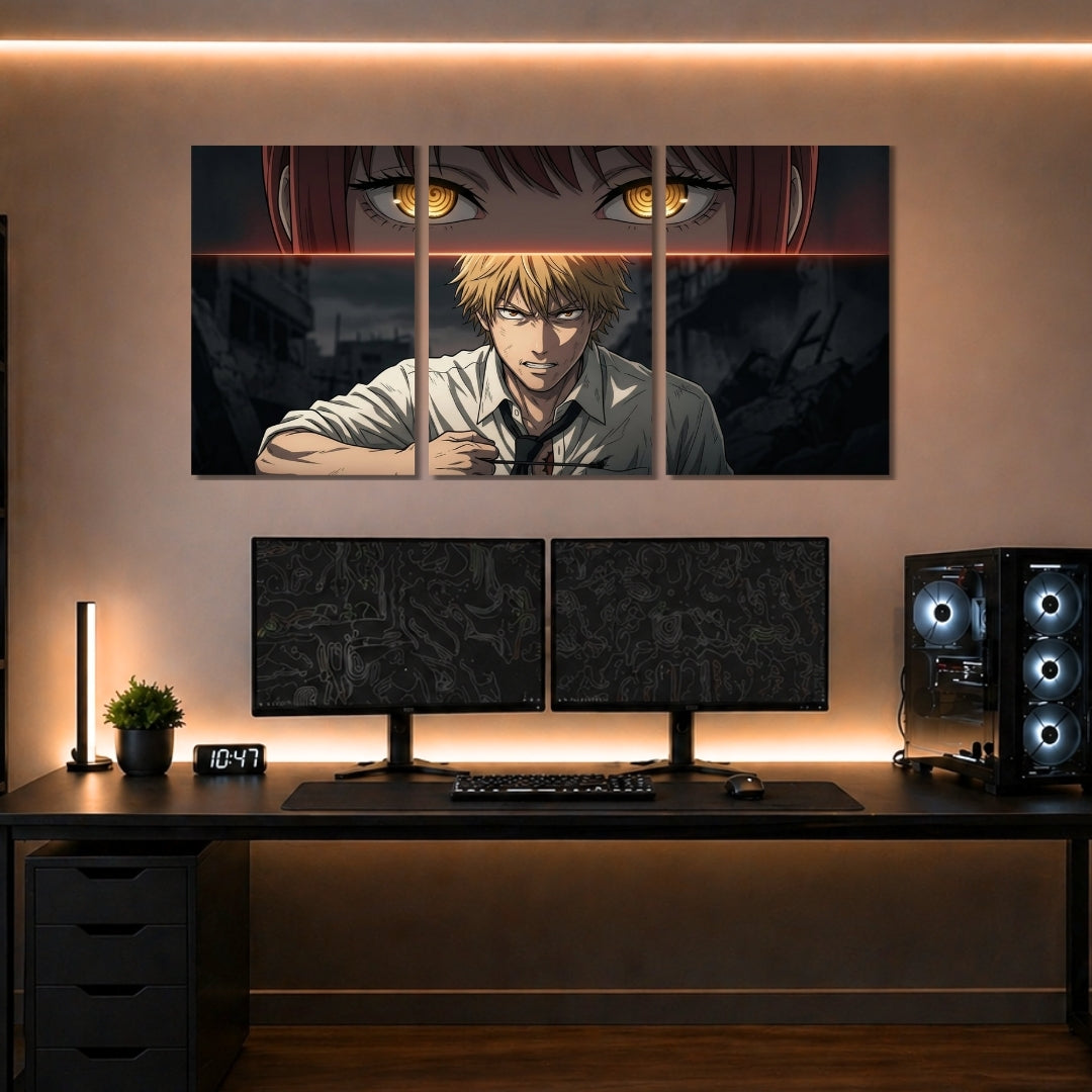 Chainsaw Man Denji & Makima 3 Panel Wall Frames | Premium Anime Wall Art | 4K Waterproof & Fade-Proof Manga Decor for Gaming Room, Bedroom & Anime Setup