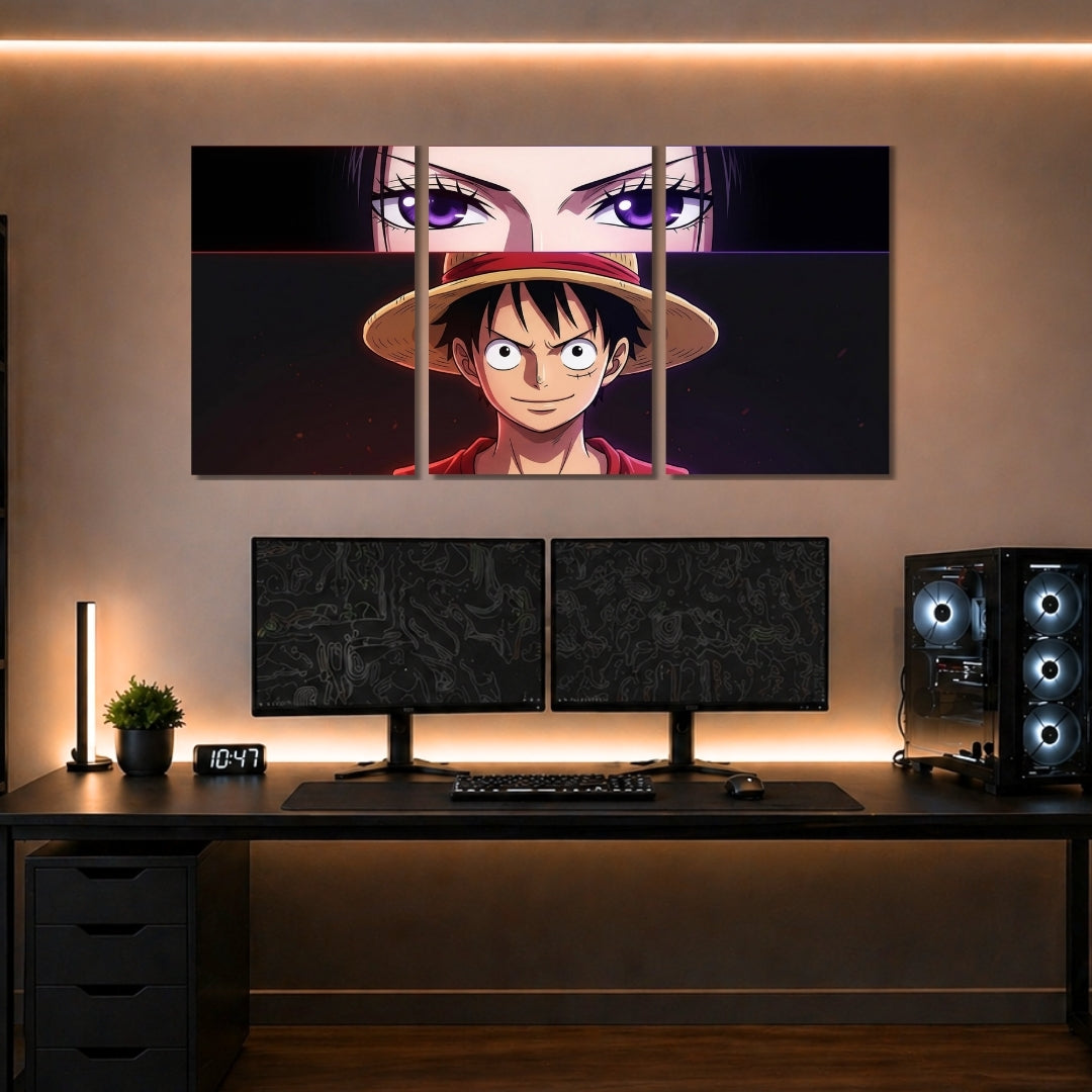 Monkey D. Luffy One Piece 3 Panel Wall Frames | Premium Anime Wall Art | 4K Waterproof & Fade-Proof Gaming Room Decor for One Piece Fans