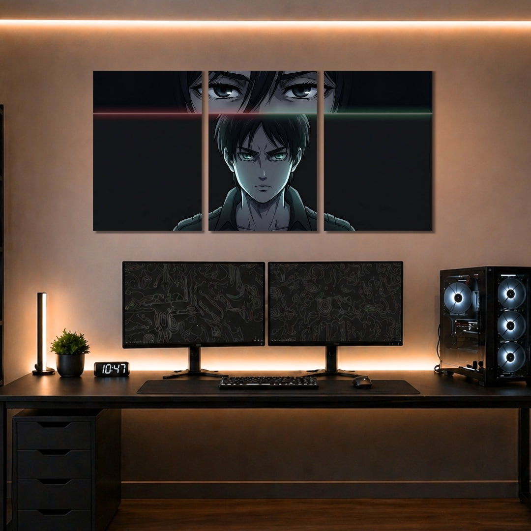 Eren Yeager Attack on Titan 3 Panel Wall Frames | Premium Anime Wall Art | 4K Waterproof & Fade-Proof Gaming Room Decor for AOT Fans