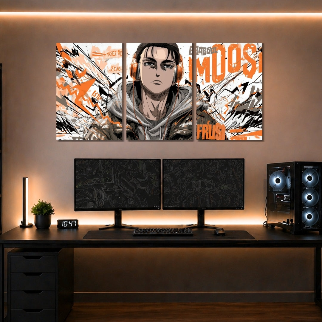 Eren Yeager Anime 3 Panel Wall Frames | Attack on Titan Wall Art | 4K Waterproof & Fade-Proof Anime Decor for Gaming Room & Bedroom