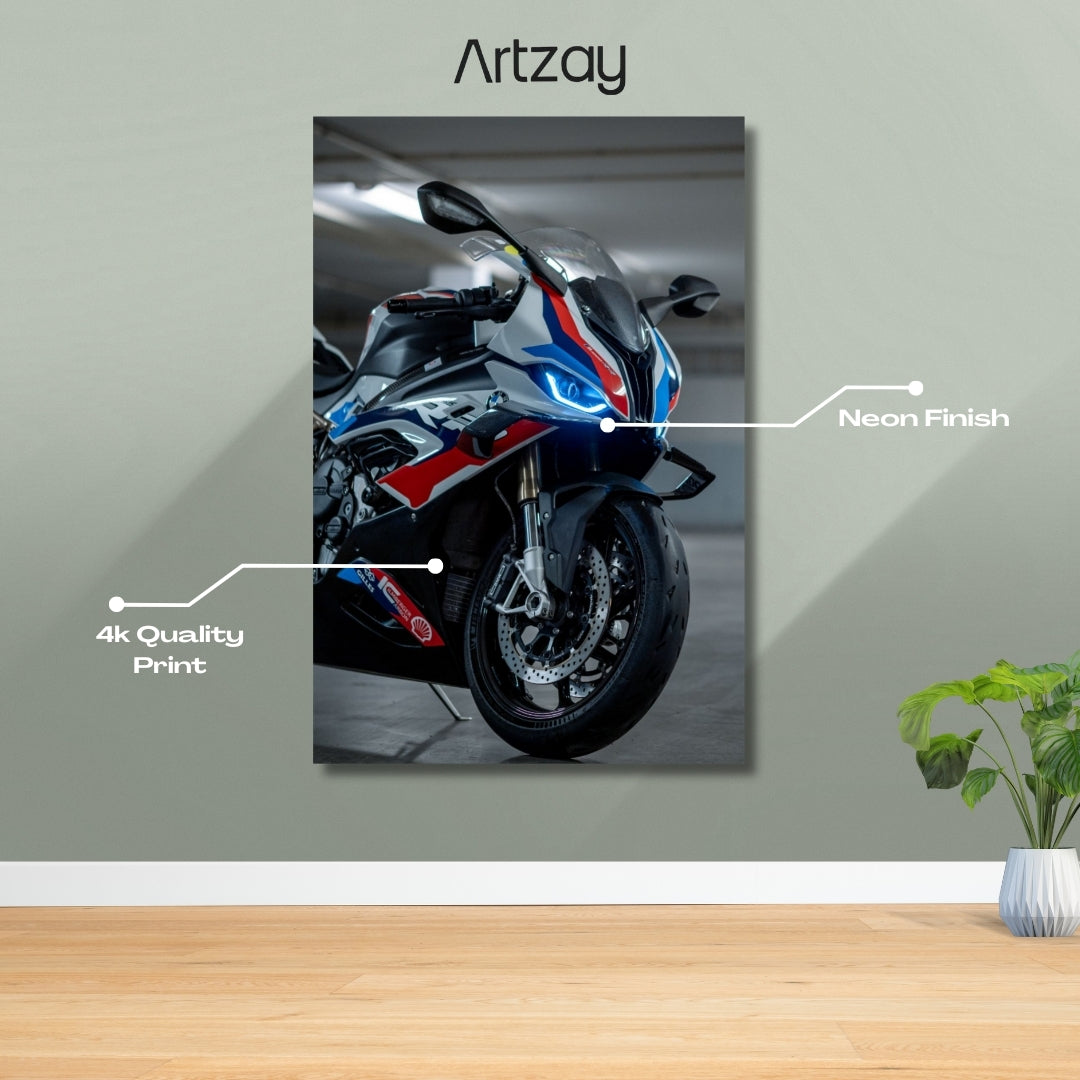 BMW S1000RR headlights superbike neon poster in 4K – motorcycle wall decor Pakistan