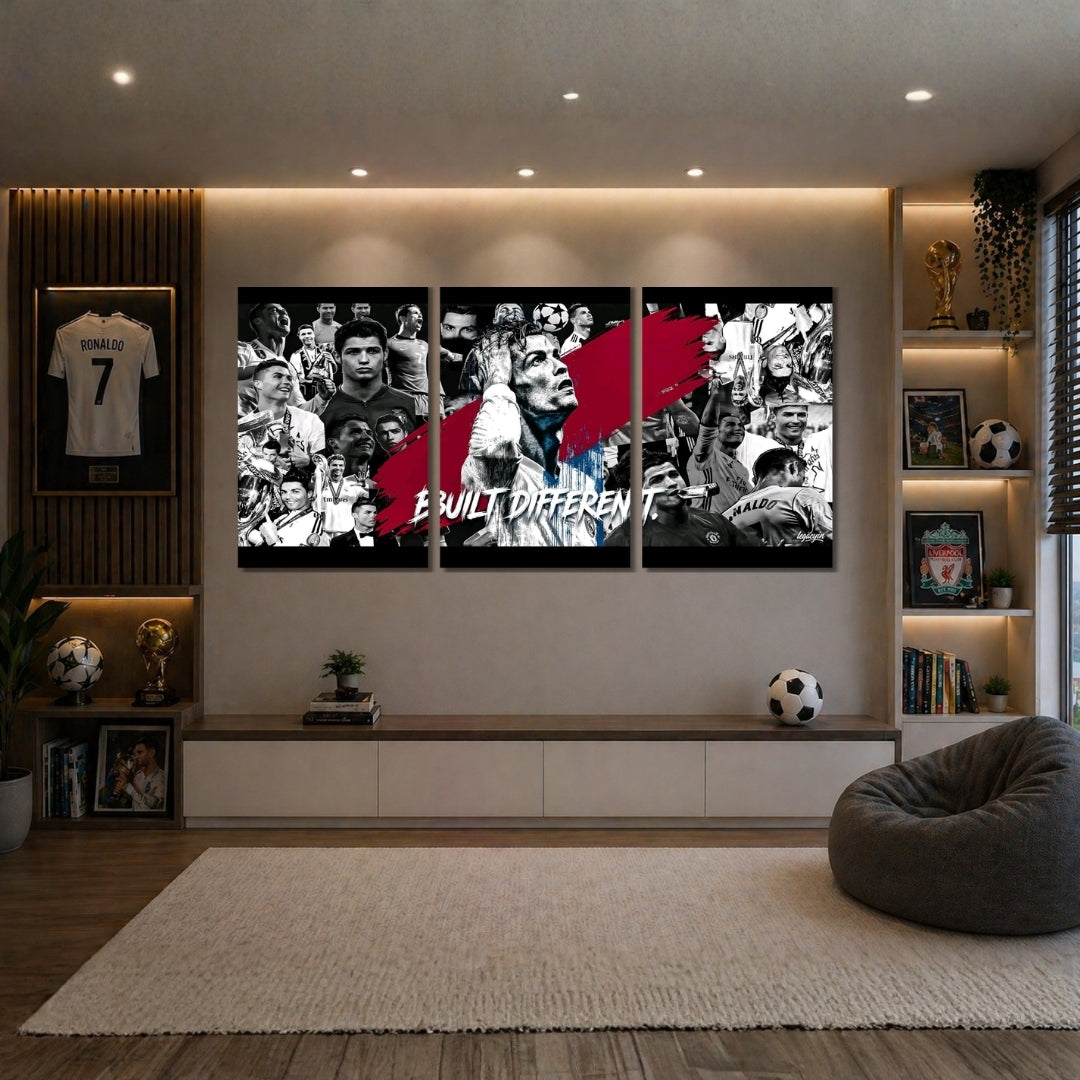 Cristiano Ronaldo Built Different 3 Panel Wall Frames | Premium CR7 Football Wall Art | 4K Waterproof & Fade-Proof Soccer Decor for Bedroom, Gaming Room & Sports Fans
