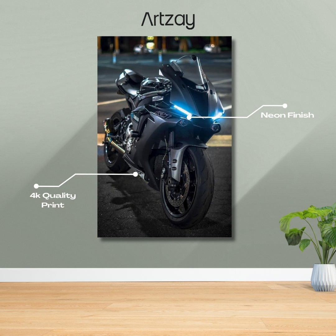 Yamaha R1 headlights superbike neon poster 4K framed print – motorcycle wall decor Pakistan