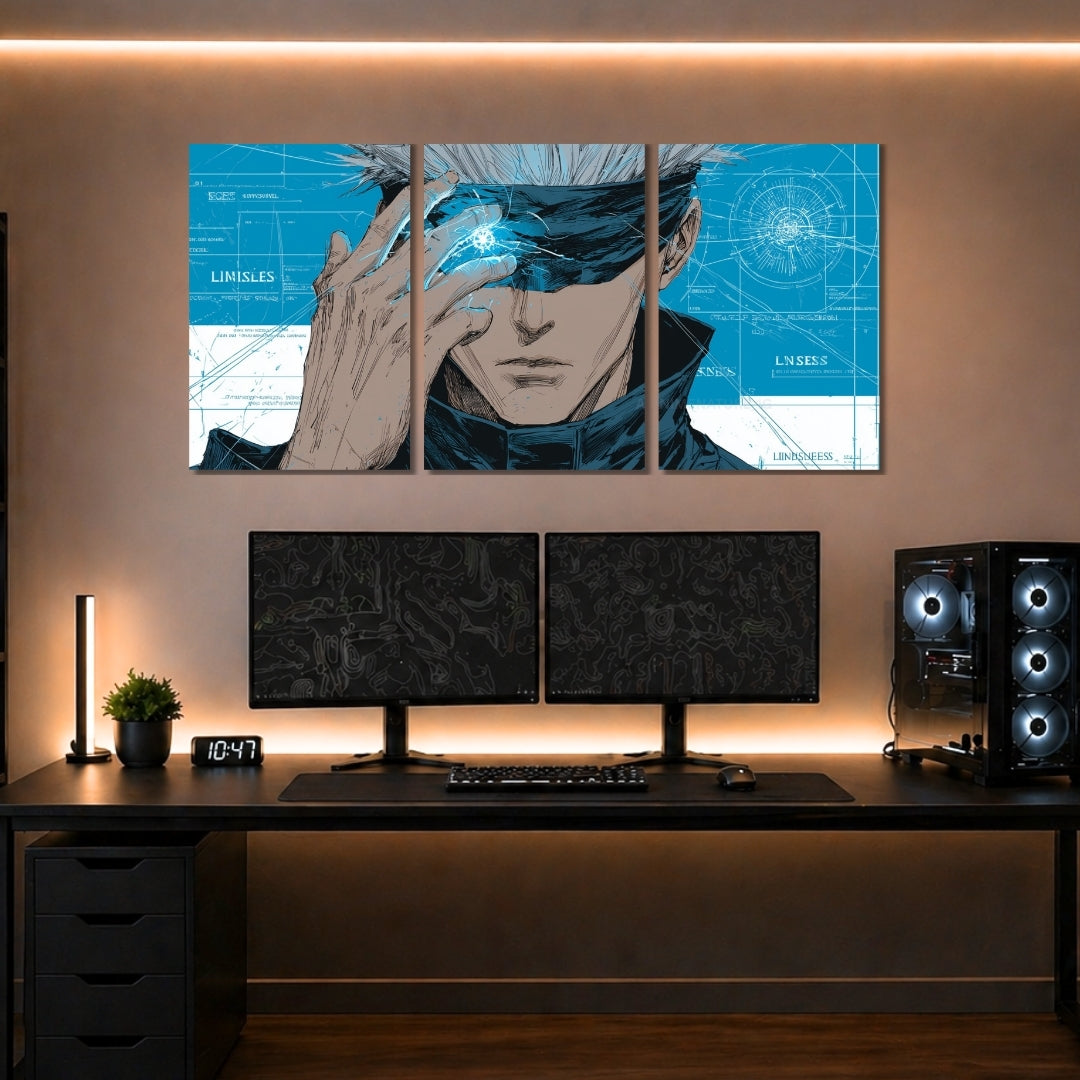 Satoru Gojo 3 Panel Wall Frames | Jujutsu Kaisen Anime Wall Art | Premium 4K Waterproof & Fade-Proof Decor for Gaming Room & Bedroom