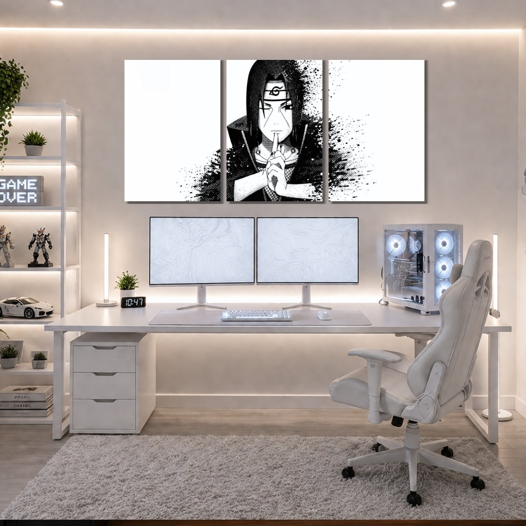 Itachi Uchiha Wall Frames | Naruto 3 Panel Wall Art | Black & White Anime Decor | Premium 4K Waterproof & Fade-Proof Wall Frames