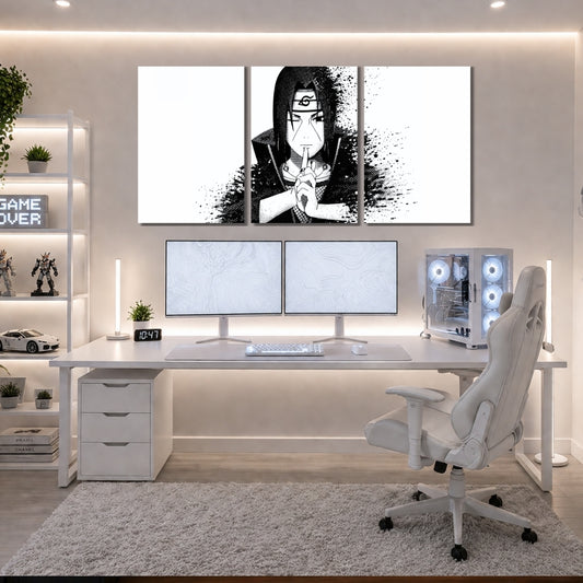 Itachi Uchiha Wall Frames | Naruto 3 Panel Wall Art | Black & White Anime Decor | Premium 4K Waterproof & Fade-Proof Wall Frames
