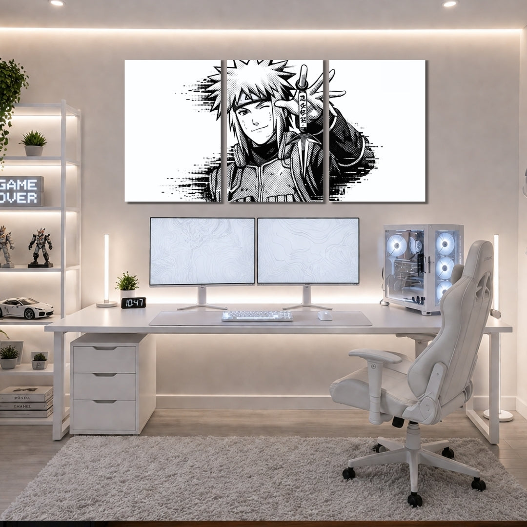 Minato Namikaze Wall Frames | Naruto 3 Panel Wall Art | Black & White Anime Decor | Premium 4K Waterproof & Fade-Proof Wall Frames