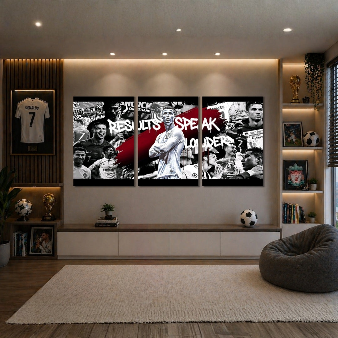 Cristiano Ronaldo Results Speak Louder 3 Panel Wall Frames | Premium CR7 Motivational Football Wall Art | 4K Waterproof & Fade-Proof Sports Decor for Bedroom, Gaming Room & Gym
