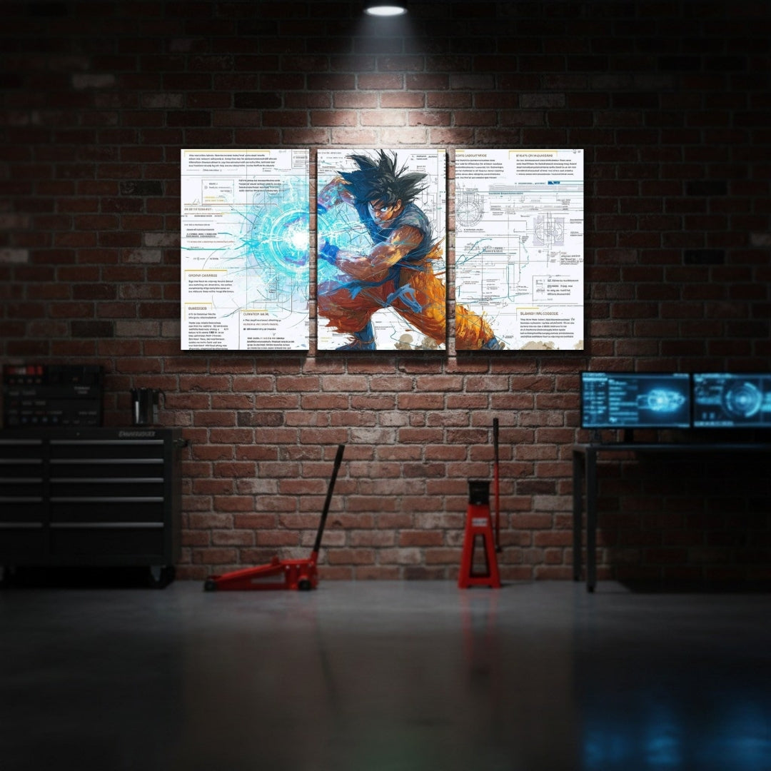 Goku 3 Panel Wall Frame | Anime Wall Art | 4K Waterproof Gaming Room Decor for Bedroom & Office