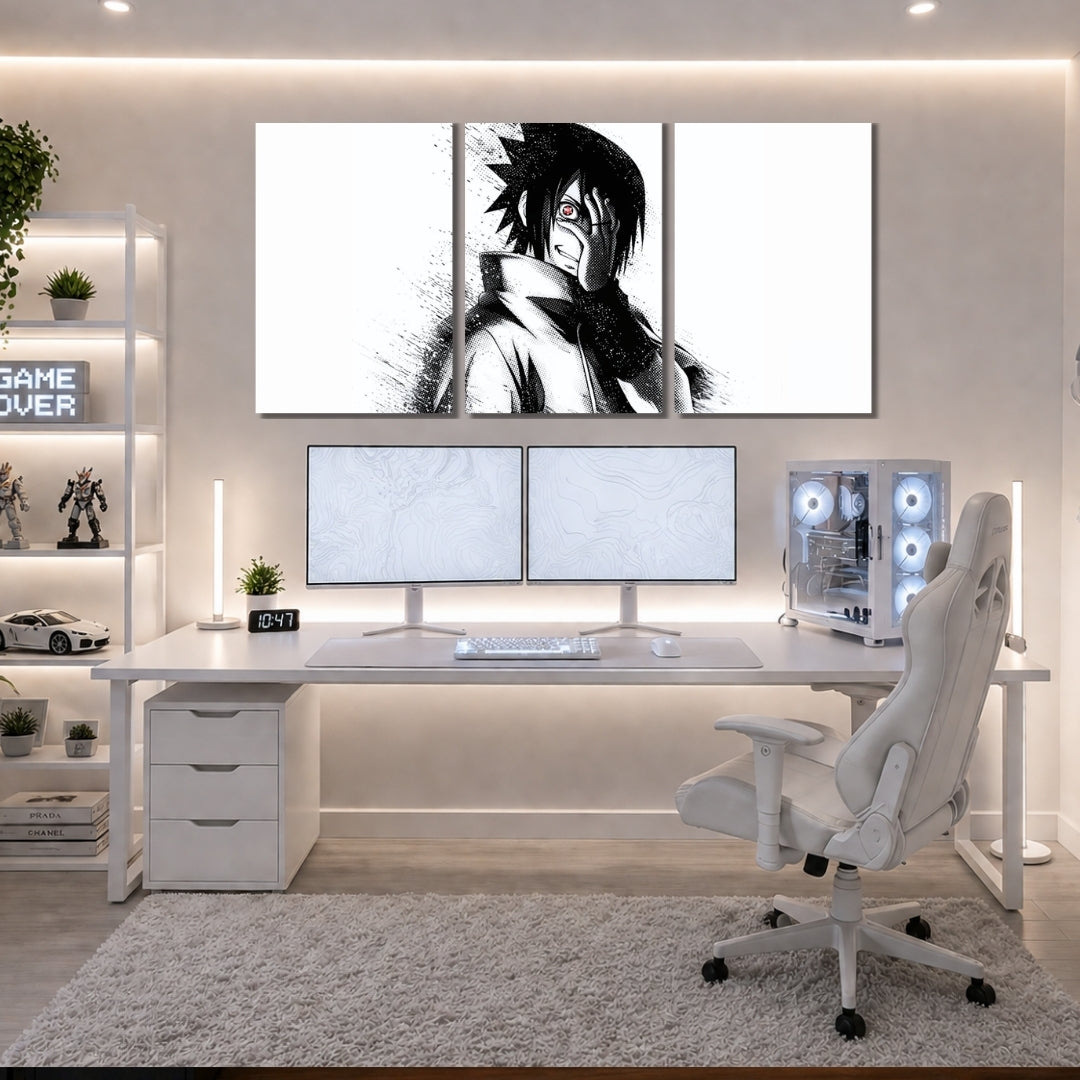 Sasuke Uchiha Wall Frames | Naruto 3 Panel Wall Art | Black & White Manga Decor | Premium 4K Waterproof & Fade-Proof Wall Frames