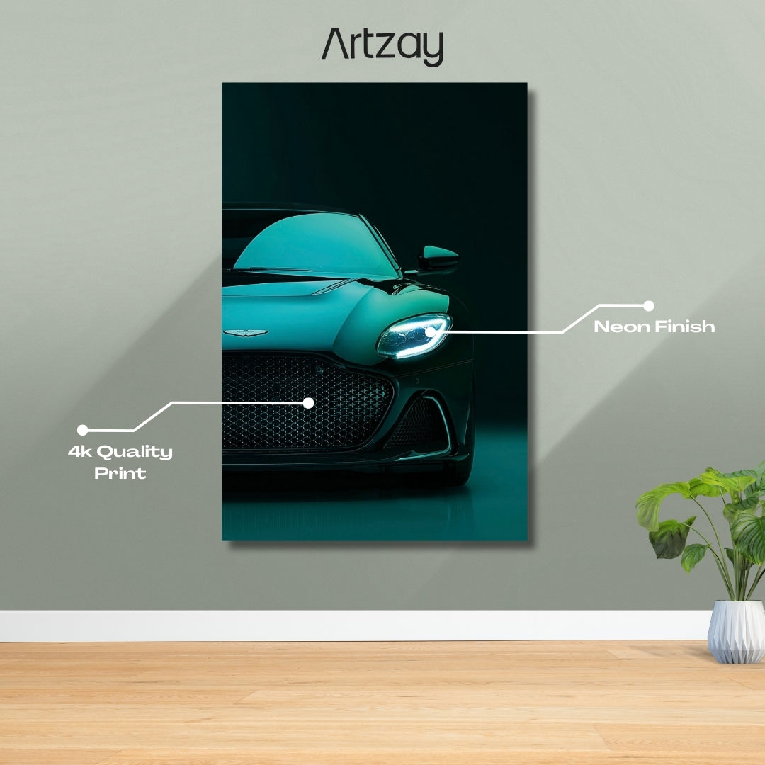 Aston Martin DBS 770 headlights neon poster in 4K – luxury car wall decor Pakistan