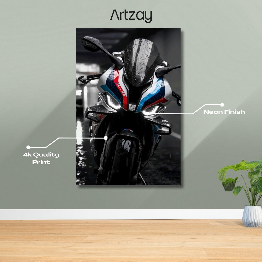 BMW S1000RR headlights superbike neon poster 4K framed print – motorcycle wall decor Pakistan