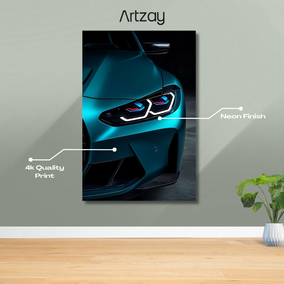 BMW M4 headlights neon poster 4K framed print – BMW wall decor Pakistan