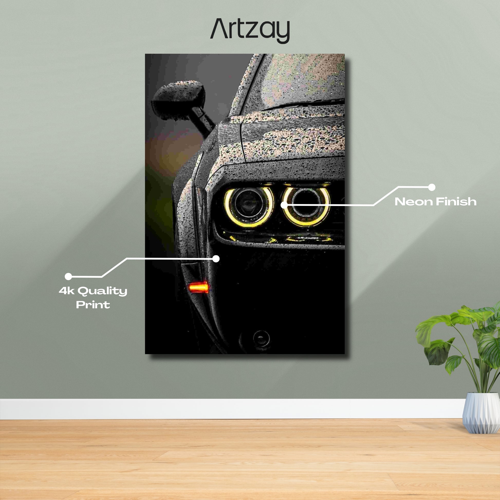 Dodge Challenger Hellcat neon poster 4K framed print – muscle car wall decor Pakistan