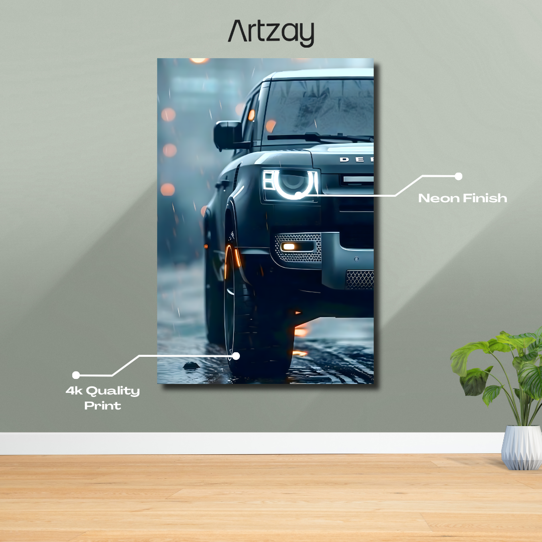Range Rover Defender neon poster in 4K Iconic Glow – SUV wall art Pakistan