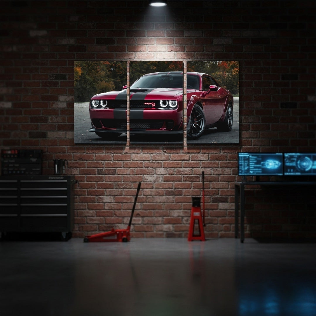 Dodge Challenger SRT Hellcat 3 Panel Wall Frame – Red Muscle Car Canvas Art with Racing Stripes for Gaming Room & Bedroom Decor