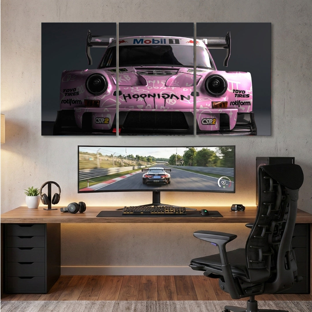 Porsche Racing Car 3 Panel Wall Frame | Pink Motorsport Wall Art | 4K Waterproof Supercar Decor for Gaming Room & Office