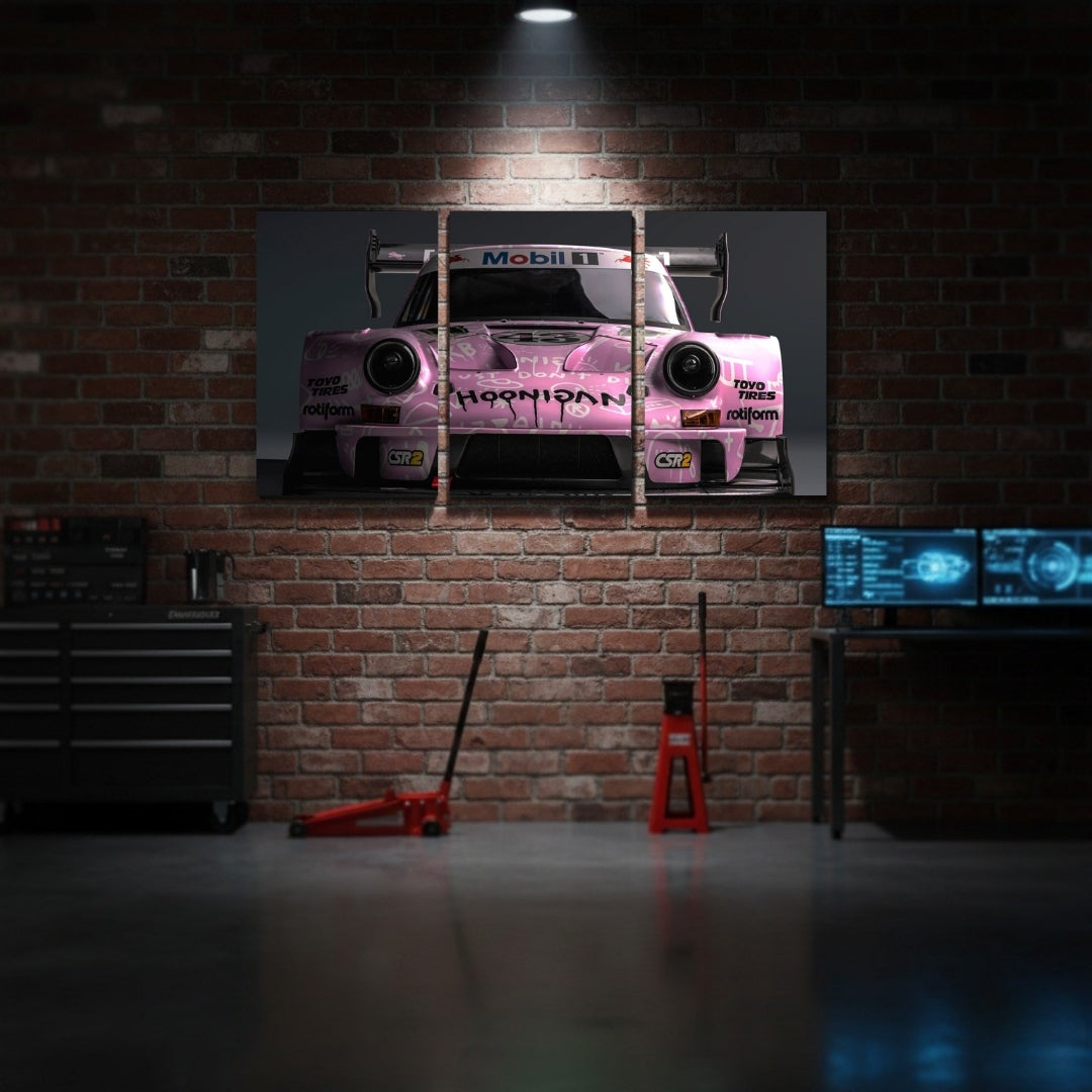 Porsche Racing Car 3 Panel Wall Frame | Pink Motorsport Wall Art | 4K Waterproof Supercar Decor for Gaming Room & Office