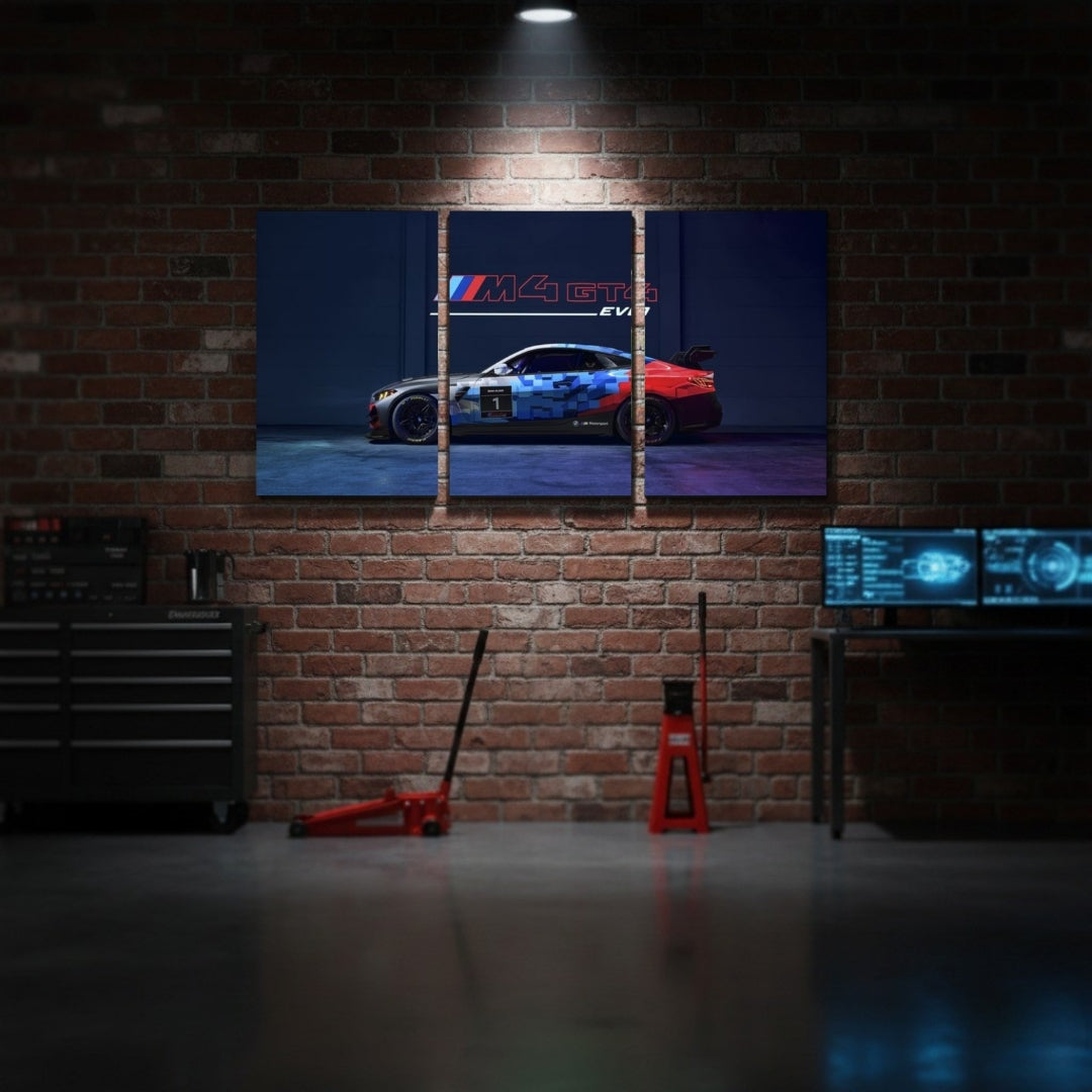 BMW M4 GT4 Racing Car 3 Panel Wall Frame – Premium Multi Panel Canvas Art for Bedroom, Office & Gaming Setup
